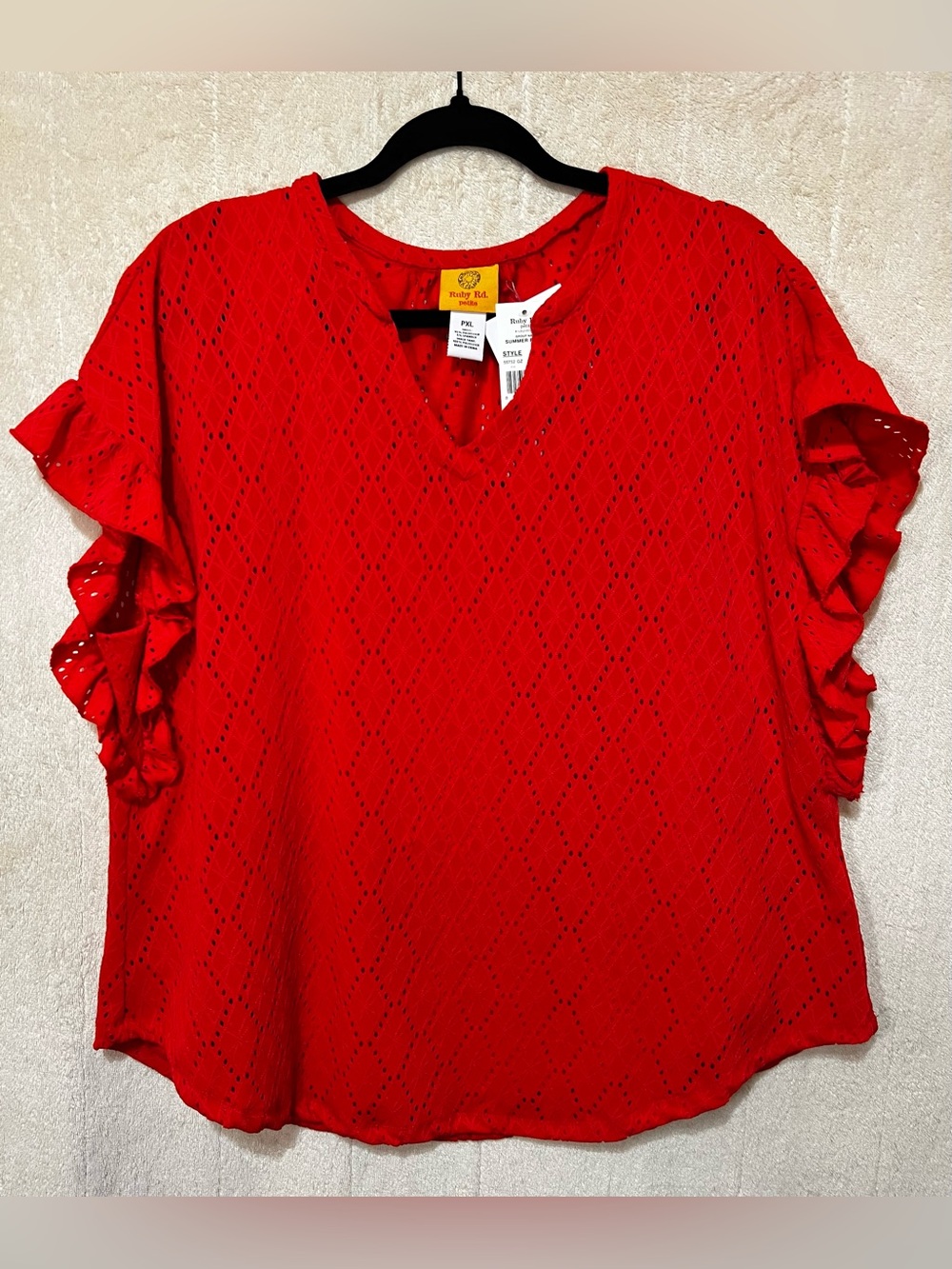 NWT Ruby Rd Petite Red Eyelet Ruffle Sleeve Blouse PXL